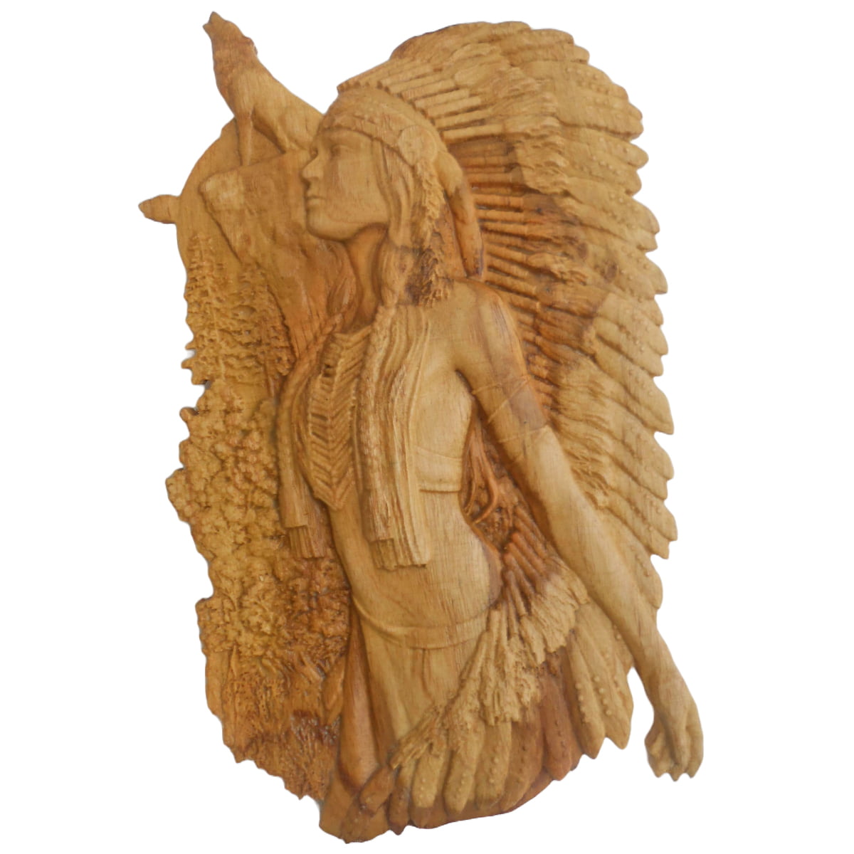 wood carved Native American woman with wolf wall art decor wall hanging sculpture