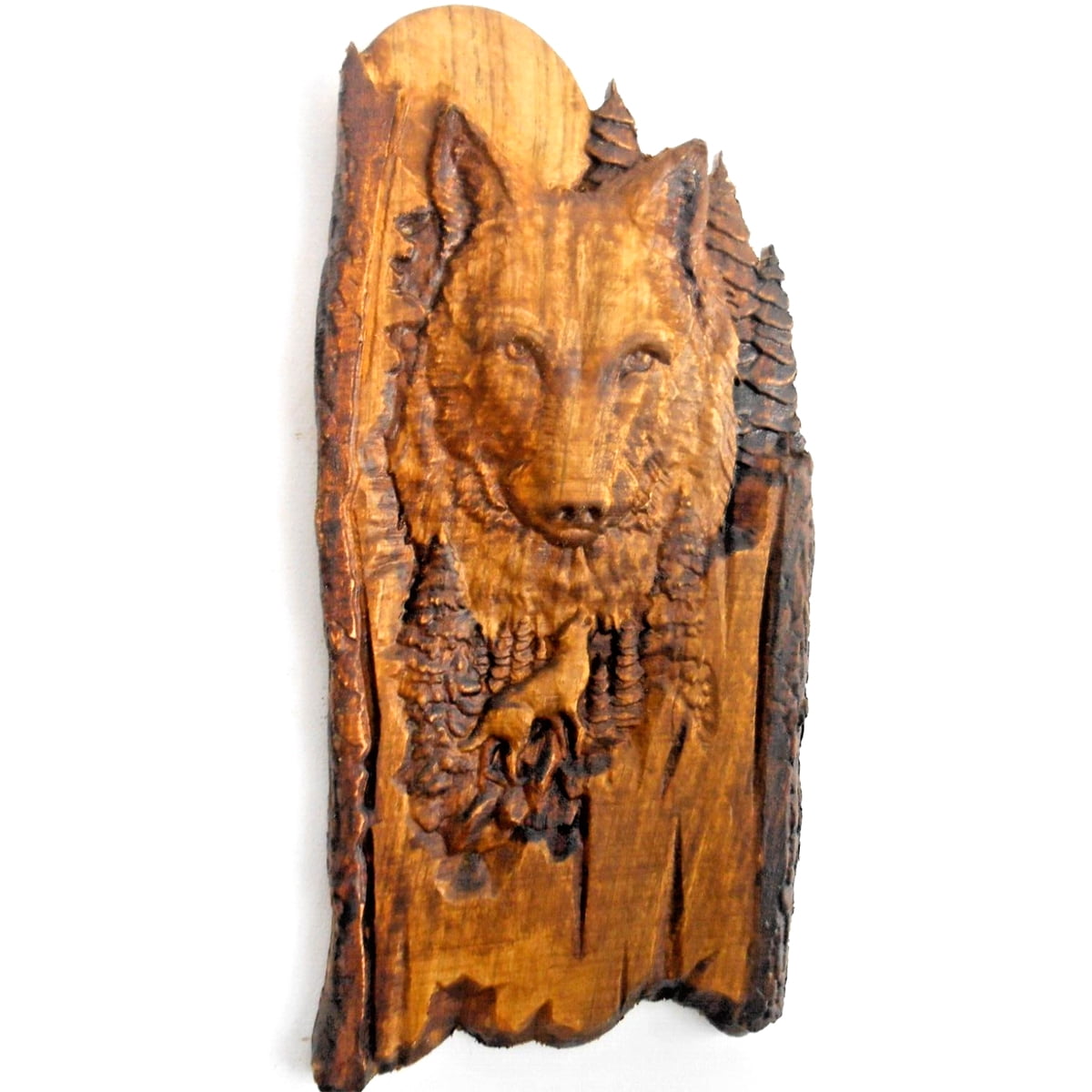 wood carved wooden wall art decor wolf moon hunting gift
